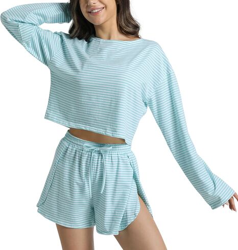 Allmloers Womens Split Short Pajama Set Striped Crewneck Long Sleeve Shirt and Side Slit Shorts Set 2 Piece Cotton Pjs Set in Saudi Arabia