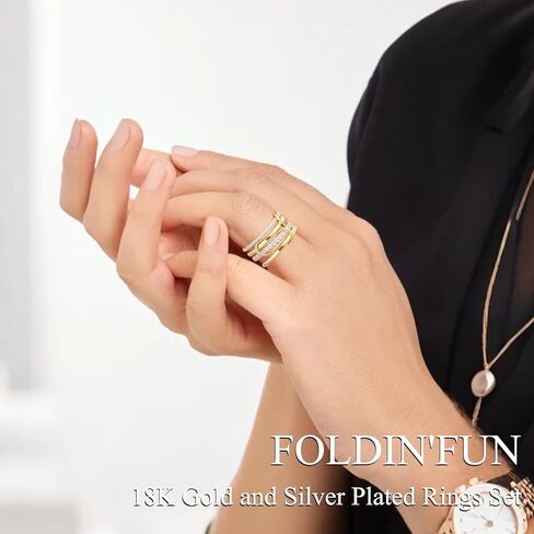 حلقات foldin'fun مجموعة مع حلقات مغلقة من الذهب من CZ 18K والفضة القابلة للتكديس للنساء ، تراهن متشابكين اثنين in Kuwait