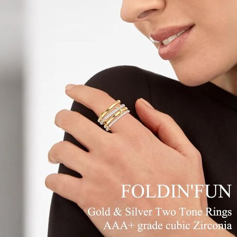 حلقات foldin'fun مجموعة مع حلقات مغلقة من الذهب من CZ 18K والفضة القابلة للتكديس للنساء ، تراهن متشابكين اثنين in Kuwait