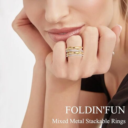 حلقات foldin'fun مجموعة مع حلقات مغلقة من الذهب من CZ 18K والفضة القابلة للتكديس للنساء ، تراهن متشابكين اثنين in Kuwait