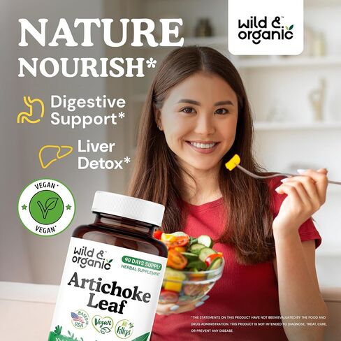 Wild & Organic Artichoke Extract Capsules 500 mg - Liver & Digestive Support - Artichoke Supplement - Cynara Scolymus Leaf Powder - Vegan, No Fillers, Non-GMO - 120 Count in Saudi Arabia