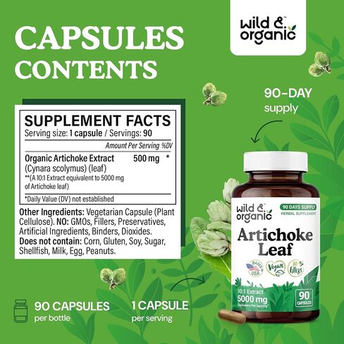 Wild & Organic Artichoke Extract Capsules 500 mg - Liver & Digestive Support - Artichoke Supplement - Cynara Scolymus Leaf Powder - Vegan, No Fillers, Non-GMO - 120 Count in Saudi Arabia