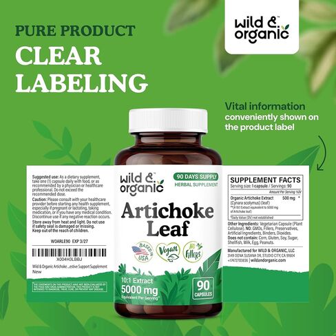 Wild & Organic Artichoke Extract Capsules 500 mg - Liver & Digestive Support - Artichoke Supplement - Cynara Scolymus Leaf Powder - Vegan, No Fillers, Non-GMO - 120 Count in Saudi Arabia