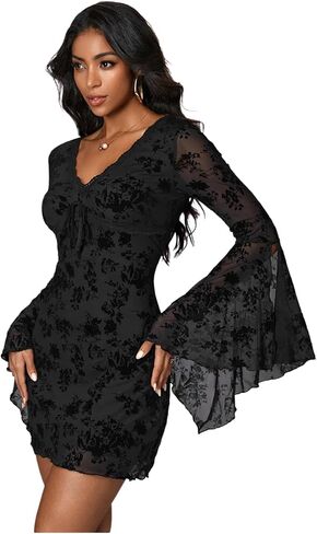 WDIRARA Women's Vintage Floral Print V Neck Dress Mesh Split Ruffle Long Bell Sleeve Dresses in Saudi Arabia