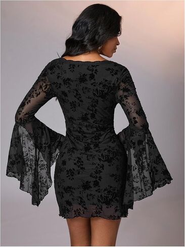 WDIRARA Women's Vintage Floral Print V Neck Dress Mesh Split Ruffle Long Bell Sleeve Dresses in Saudi Arabia