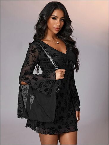 WDIRARA Women's Vintage Floral Print V Neck Dress Mesh Split Ruffle Long Bell Sleeve Dresses in Saudi Arabia