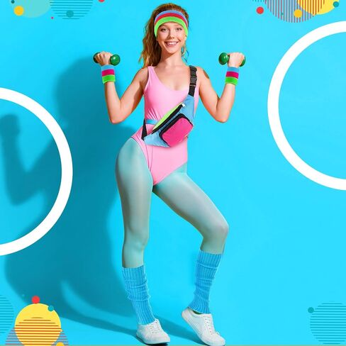 تدفئة الساق للنساء 80s معصم عصابة النيون قوس قزح تسخين الساقين الحزمة الهوغرافيا فاني مجموعة 80S تجريب الملابس الزي 90s للنساء الرياضة اليوغا المشي لمسافات طويلة ديسكو لوازم in Kuwait
