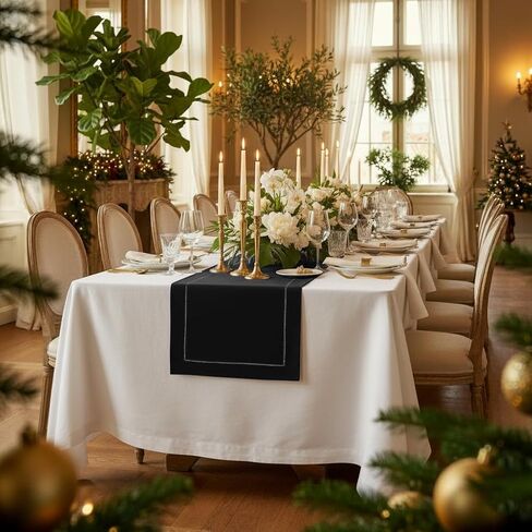 D'Moksha Homes Linen Navy Blue Table Runner 144 Inches Long - 100% Pure Linen Extra Long Table Runner 14 x 144 Inch for Summer, Fall and Halloween - Classic Hemstitch in Kuwait