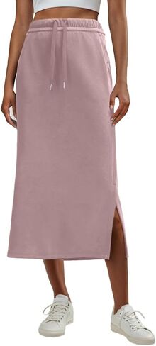 Lepunuo Casual Maxi Skirts for Womens High Waist Trendy Drawstring Side Slit Skirts with Pockets in Kuwait