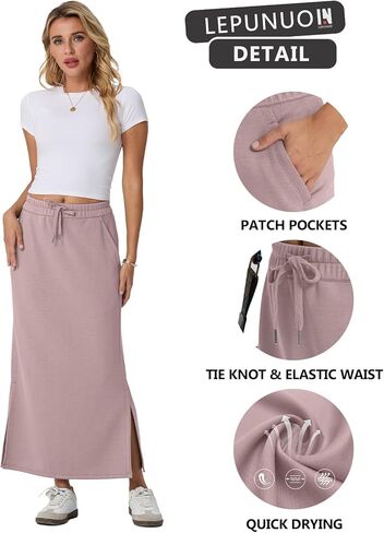 Lepunuo Casual Maxi Skirts for Womens High Waist Trendy Drawstring Side Slit Skirts with Pockets in Kuwait
