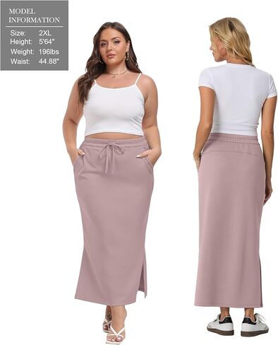 Lepunuo Casual Maxi Skirts for Womens High Waist Trendy Drawstring Side Slit Skirts with Pockets in Kuwait