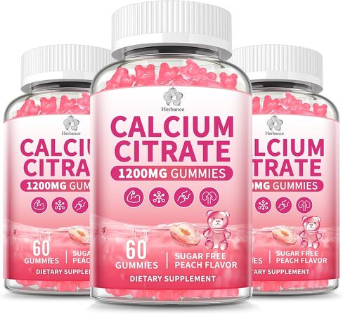 Calcium Citrate Gummies 1200 mg for Adults, High Absorption Pure Calcium Supplement for Women & Men, Sugar Free, Non-GMO, Gluten Free, Supports Muscle & Immune - Natural Peach Flavor, 120 Gummies in Saudi Arabia