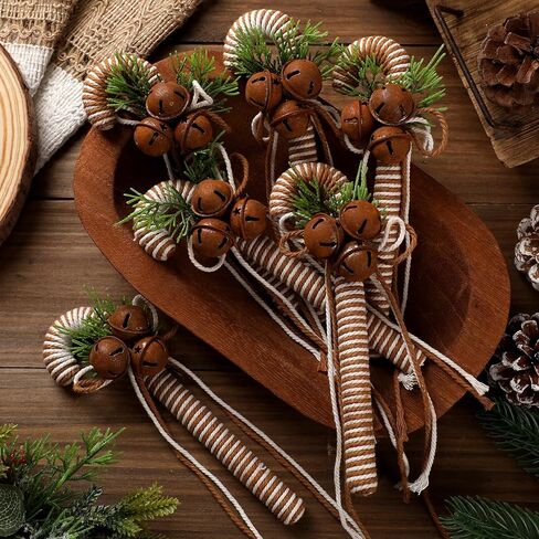6 Pcs Rustic Christmas Candy Cane Ornaments 7 Inch Burlap Wrapped Farmhouse Candy Cane Christmas Tree Hanging Decoration with Bells for Home Xmas Crafts Party Decoration in Saudi Arabia