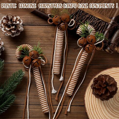 6 Pcs Rustic Christmas Candy Cane Ornaments 7 Inch Burlap Wrapped Farmhouse Candy Cane Christmas Tree Hanging Decoration with Bells for Home Xmas Crafts Party Decoration in Saudi Arabia