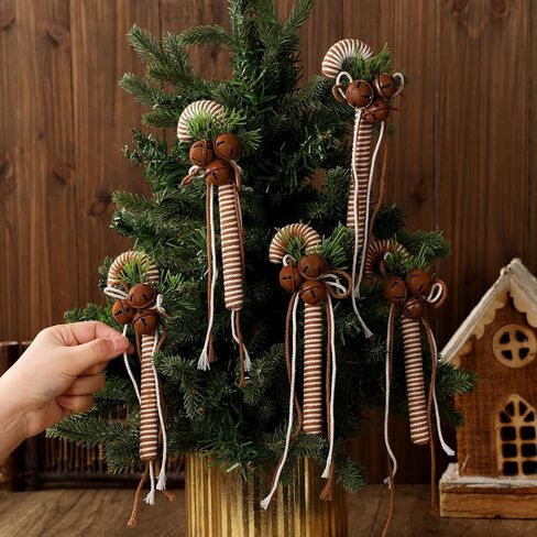6 Pcs Rustic Christmas Candy Cane Ornaments 7 Inch Burlap Wrapped Farmhouse Candy Cane Christmas Tree Hanging Decoration with Bells for Home Xmas Crafts Party Decoration in Saudi Arabia