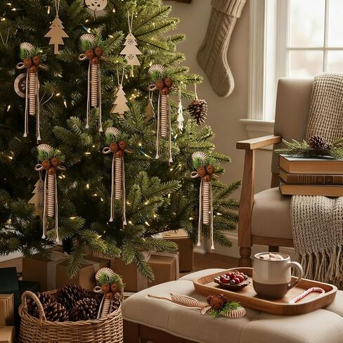 6 Pcs Rustic Christmas Candy Cane Ornaments 7 Inch Burlap Wrapped Farmhouse Candy Cane Christmas Tree Hanging Decoration with Bells for Home Xmas Crafts Party Decoration in Saudi Arabia