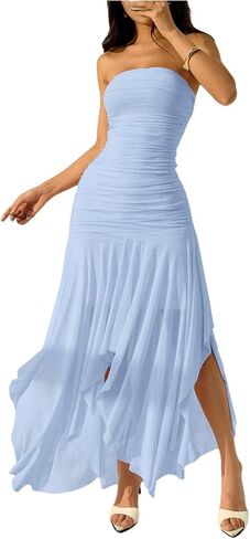 Milumia Women's Summer Maxi Tube Dress Strapless Asymmetrical Hem Long Going Out Casual Elegant Party Dresses in Saudi Arabia
