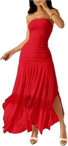 Milumia Women's Summer Maxi Tube Dress Strapless Asymmetrical Hem Long Going Out Casual Elegant Party Dresses in Saudi Arabia