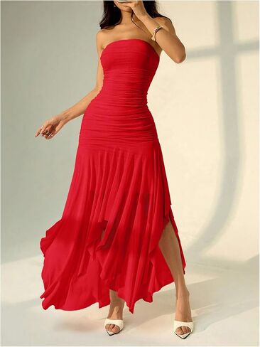 Milumia Women's Summer Maxi Tube Dress Strapless Asymmetrical Hem Long Going Out Casual Elegant Party Dresses in Saudi Arabia