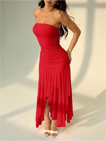 Milumia Women's Summer Maxi Tube Dress Strapless Asymmetrical Hem Long Going Out Casual Elegant Party Dresses in Saudi Arabia