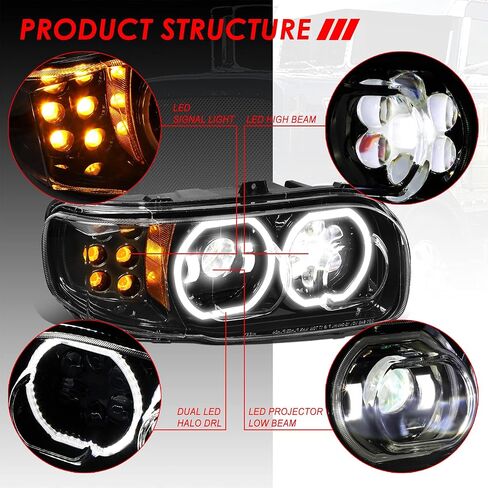 سلالة السيارات المزدوجة LED HALO DRL المصابيح الأمامية المصباح الأمامي متوافقة مع Peterbilt 389 388 567 08-22 ، سائق وركاب ، السكن الكروم in Saudi Arabia