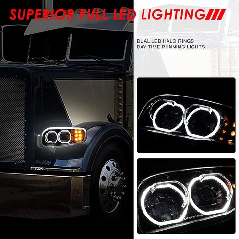 سلالة السيارات المزدوجة LED HALO DRL المصابيح الأمامية المصباح الأمامي متوافقة مع Peterbilt 389 388 567 08-22 ، سائق وركاب ، السكن الكروم in Saudi Arabia