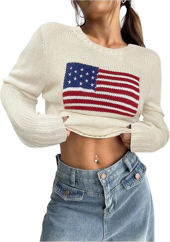 Gorglitter Women's Plus Size American Flag Sweater Vintage Long Sleeve Crew Neck Pullovers in Kuwait