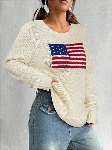 Gorglitter Women's Plus Size American Flag Sweater Vintage Long Sleeve Crew Neck Pullovers in Kuwait