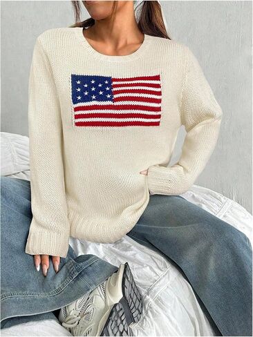 Gorglitter Women's Plus Size American Flag Sweater Vintage Long Sleeve Crew Neck Pullovers in Kuwait