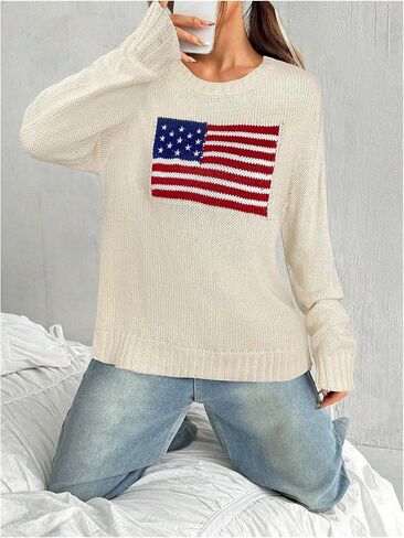 Gorglitter Women's Plus Size American Flag Sweater Vintage Long Sleeve Crew Neck Pullovers in Kuwait