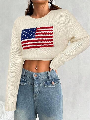 Gorglitter Women's Plus Size American Flag Sweater Vintage Long Sleeve Crew Neck Pullovers in Kuwait