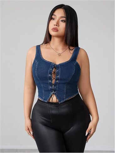 Floerns Women's Plus Size Y2K Sliciveless Corset Denim Tops Lace Up split splic in Kuwait