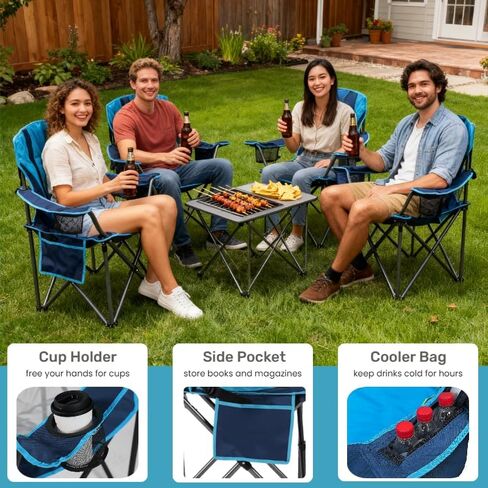 FAIR WIND Oversized Padded Camping Chair with Footrest Stool Set Heavy Duty Support 300 LBS Cooler Bag Chair - Black in Kuwait