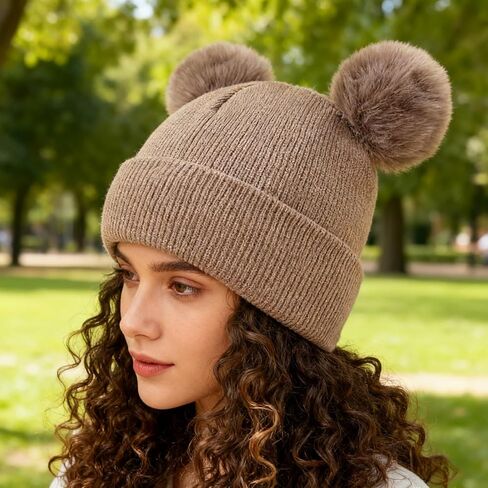 Knitted Beanie Hat with Double Pom Poms, Cute & Warm Accessory for Autumn and Winter Daily Wear in Saudi Arabia