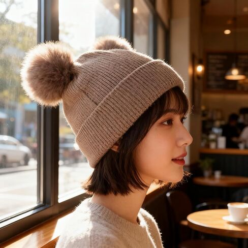 Knitted Beanie Hat with Double Pom Poms, Cute & Warm Accessory for Autumn and Winter Daily Wear in Saudi Arabia