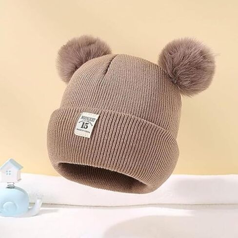 Knitted Beanie Hat with Double Pom Poms, Cute & Warm Accessory for Autumn and Winter Daily Wear in Saudi Arabia