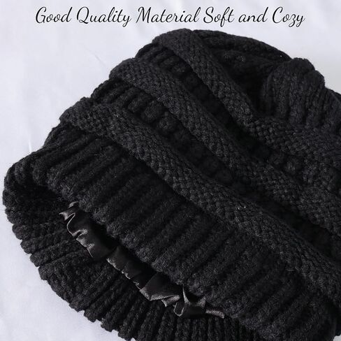 Womens Satin Lined Winter Beanie Hats Knit Hats Silk Lining Thick Chunky Cap Slouchy Warm Beanies Soft Skull Cap in Saudi Arabia