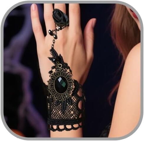 Todenb Gothic Vampire Lace Hand Chain Rings Bracelets for Women Halloween Black Red Crystal Lace Bracelet with Ring Halloween Witch Vampire Costume Accessories in Saudi Arabia