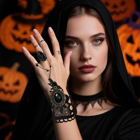 Todenb Gothic Vampire Lace Hand Chain Rings Bracelets for Women Halloween Black Red Crystal Lace Bracelet with Ring Halloween Witch Vampire Costume Accessories in Saudi Arabia