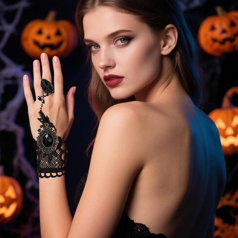Todenb Gothic Vampire Lace Hand Chain Rings Bracelets for Women Halloween Black Red Crystal Lace Bracelet with Ring Halloween Witch Vampire Costume Accessories in Saudi Arabia