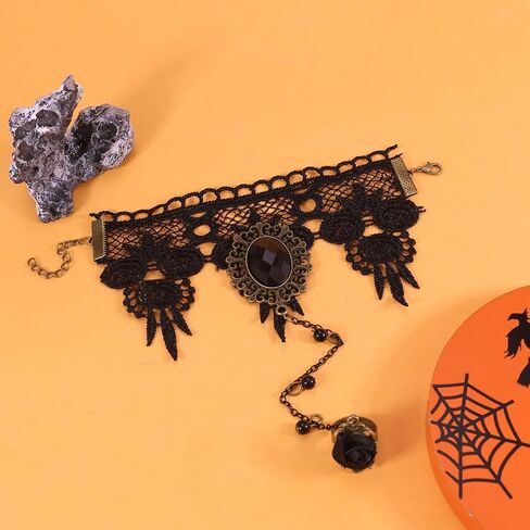 Todenb Gothic Vampire Lace Hand Chain Rings Bracelets for Women Halloween Black Red Crystal Lace Bracelet with Ring Halloween Witch Vampire Costume Accessories in Saudi Arabia