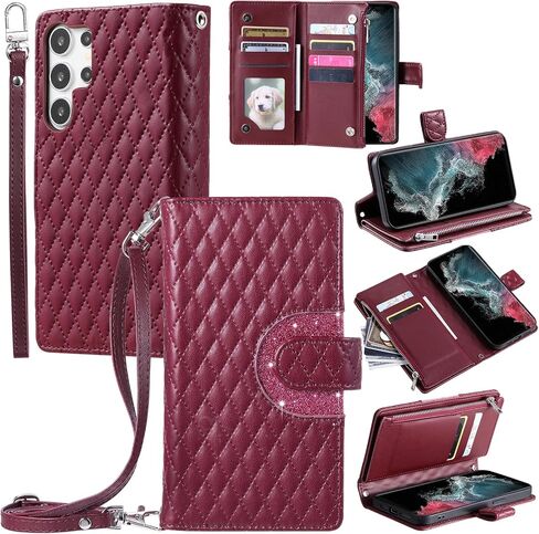 علبة الهاتف لـ Samsung Galaxy S22 5g Wallet Wover with and Crossbody Wrist Strap Counter Strap 9+ Card Slots shipper pres in Kuwait