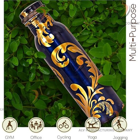 ALV Copper Water Bottle for Drinking, 34 Oz Large Hammered 100% Ayurvedic Pure Bottle Leak-Proof Water Bottle Insulated Bottle for Gym,Yoga, Office, Outdoor Hiking (BLUE) in Saudi Arabia