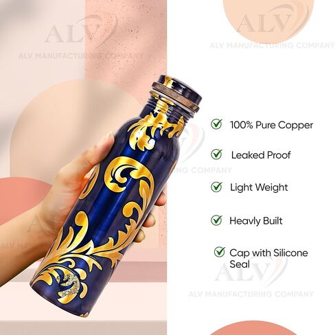 ALV Copper Water Bottle for Drinking, 34 Oz Large Hammered 100% Ayurvedic Pure Bottle Leak-Proof Water Bottle Insulated Bottle for Gym,Yoga, Office, Outdoor Hiking (BLUE) in Saudi Arabia