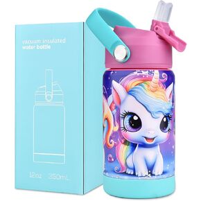 12oz Kids Insulated Water Bottle, Leak-proof Toddler Cup With Straws Lids, Kids Water Bottles For School Boys Girls, Stainless Steel Vacuum Insulated Bottle For Kids (Rainbow Unicorn) in Saudi Arabia