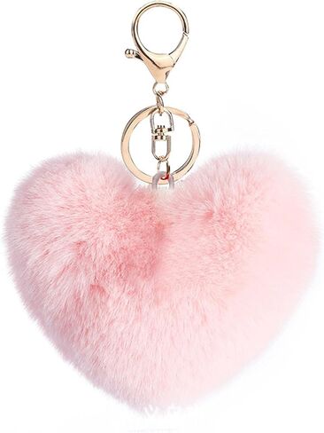 Artificial Faux Rabbit Fur Keychain Fluffy Heart Plush Ball Pom Charm Key Chain Cute Car Key Decor Purse Handbag in Kuwait