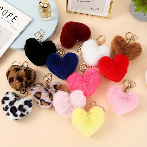 Artificial Faux Rabbit Fur Keychain Fluffy Heart Plush Ball Pom Charm Key Chain Cute Car Key Decor Purse Handbag in Kuwait