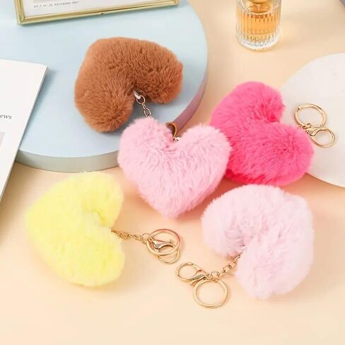 Artificial Faux Rabbit Fur Keychain Fluffy Heart Plush Ball Pom Charm Key Chain Cute Car Key Decor Purse Handbag in Kuwait