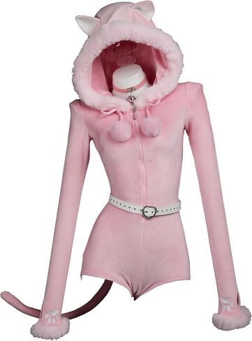 Women Cute Cat Hooded Bodysuit Fluffy Plush Bodycon Romper Fuzzy Onesie Pajamas Jumpsuit with Tail Belt in Saudi Arabia