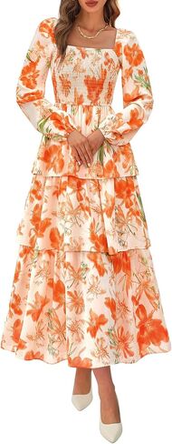 BTFBM Women Floral Maxi Dress Fall Fashion 2025 Boho Long Sleeve Square Neck Smocked Tiered Ruffle Flowy Wedding Dresses in Saudi Arabia